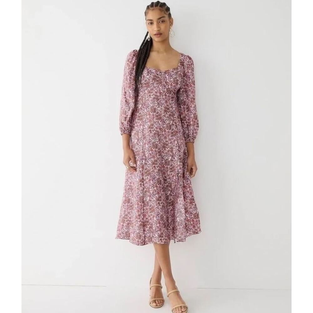 J CREW pink purple Sweetheart puff long sleeve silky midi dress in Fête Floral - Picture 3 of 12